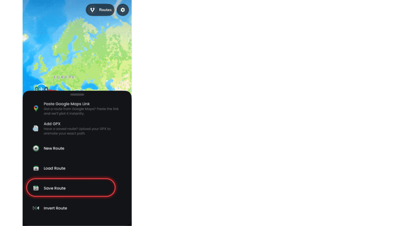 Saving a route from the Routes menu
