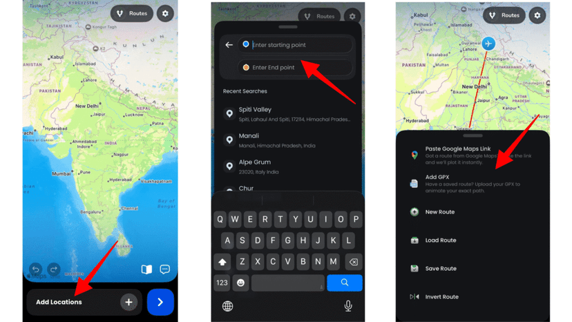 Adding destinations manually, importing GPX or pasting a Google Maps link