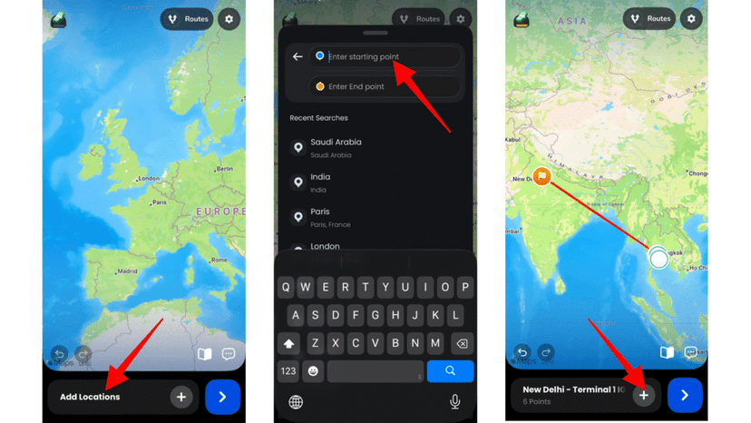 Adding destinations with the plus icon and tapping the route to add stops