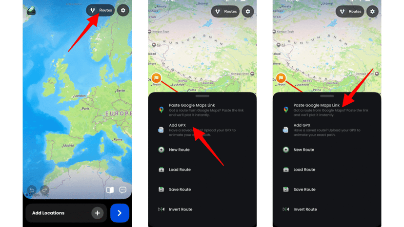 Uploading a GPX file or pasting a Google Maps link to build a route
