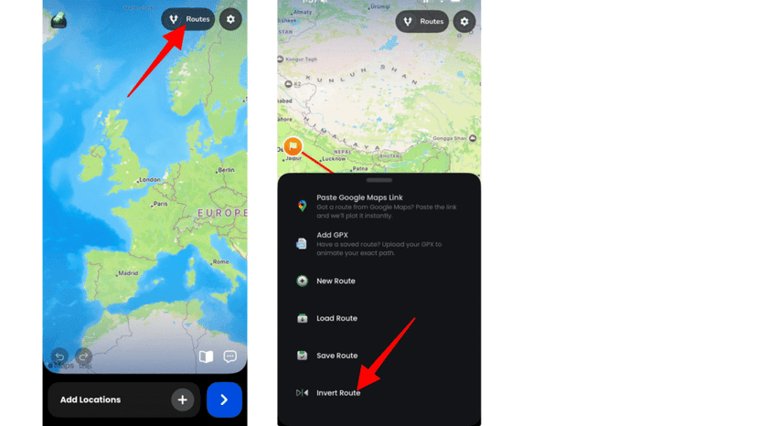 Reversing the direction of a route from the route menu