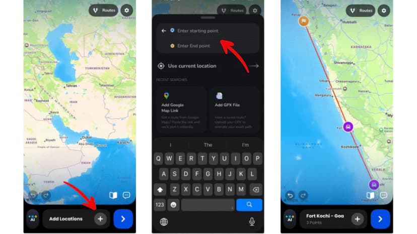 Add Your Road Trip Route – Select your starting location and destination. If your road trip includes multiple stops, add each location and arrange them in the correct order. You can also paste a Google Maps route link or import a GPX file for accurate road paths.