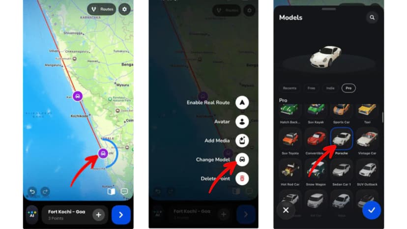 Choose a Car or Vehicle Model – Select a vehicle model that matches your road trip, such as a car, truck, bus, or bike. The model animates along the route, making the journey feel realistic.