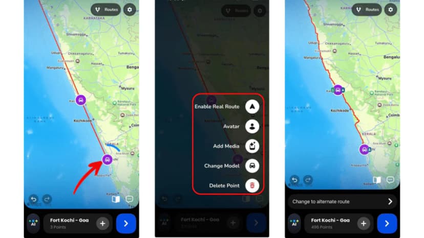 Customize the Route – Long-press the point, then enable real routes, add your avatar, add media, change the model and delete the point. Add images from your trip and labels for cities and stops to make the route more personal.
