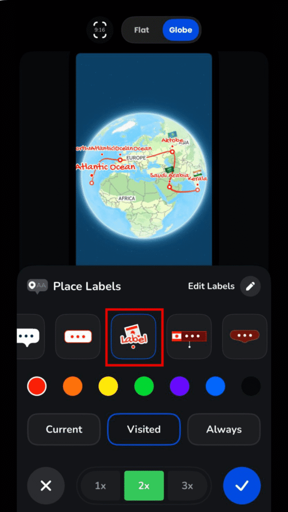 A different place label frame style applied to the route
