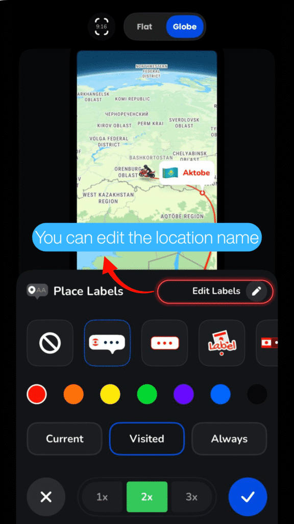 Editing the text of a location label from the Edit labels icon