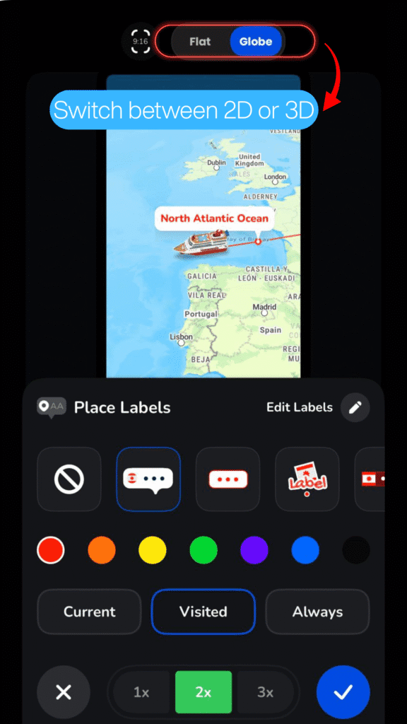 Switching between Flat and Globe views to check label alignment and spacing