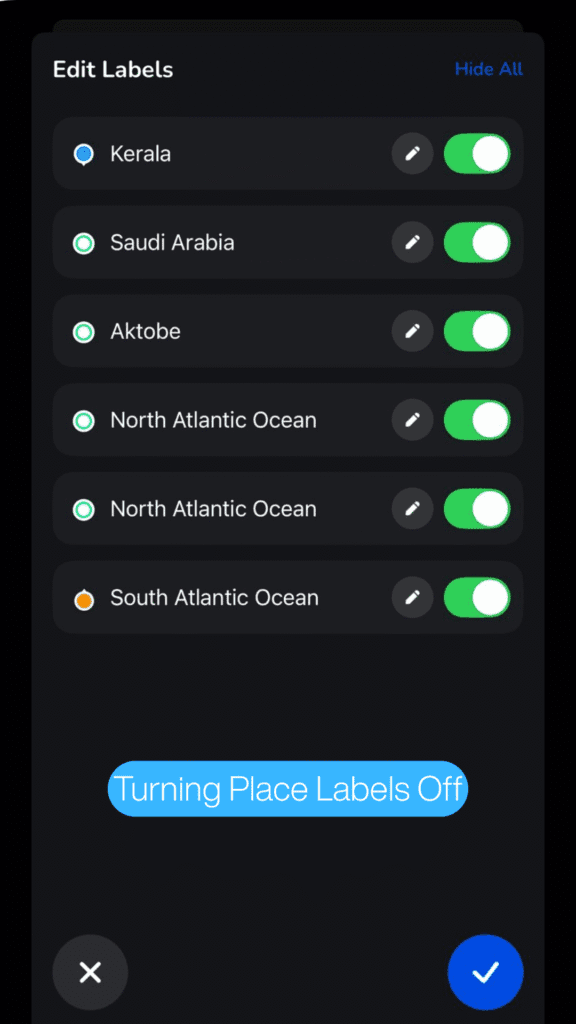 Place labels turned on, showing location names along the route