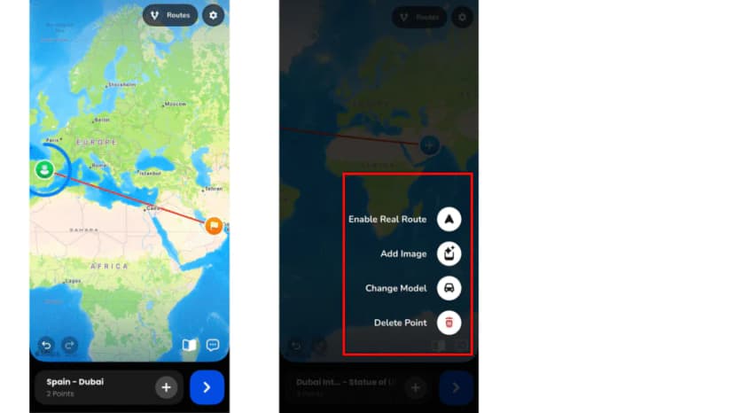 The point menu showing Enable Real Route, Add Image, Change Model and Delete Point