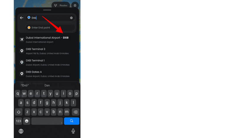 Tapping the matching airport in the search results to add it to the route