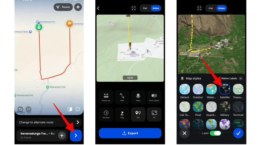 A symbolic hiking route line with hills and slopes exaggerated for clarity