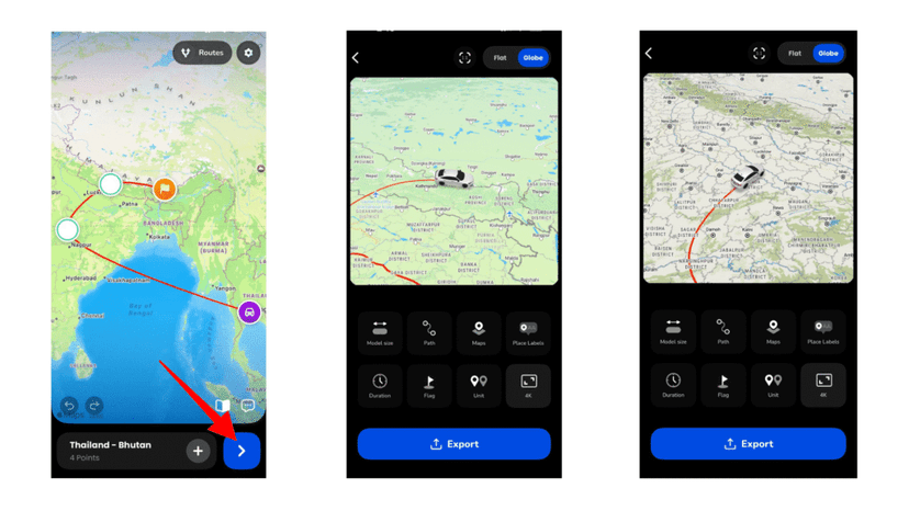 Adjusting the route line, 2D or 3D map style and place labels