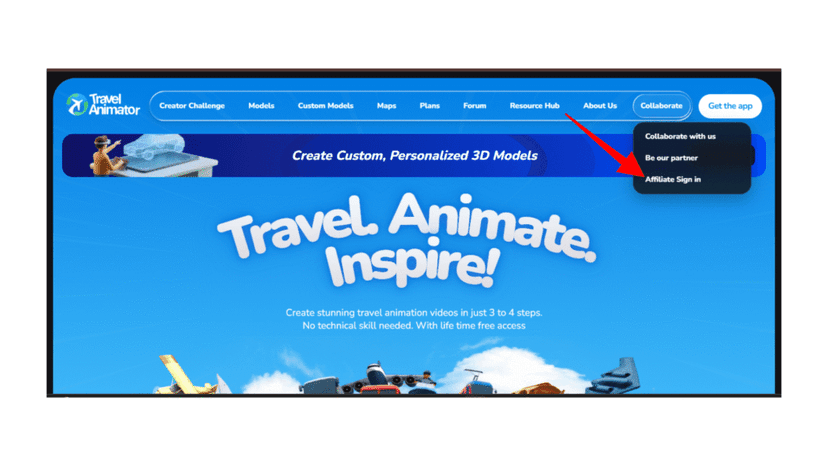 The Travel Animator affiliate signup page