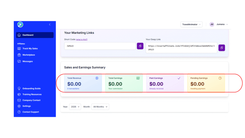 The affiliate dashboard showing sales and pending earnings