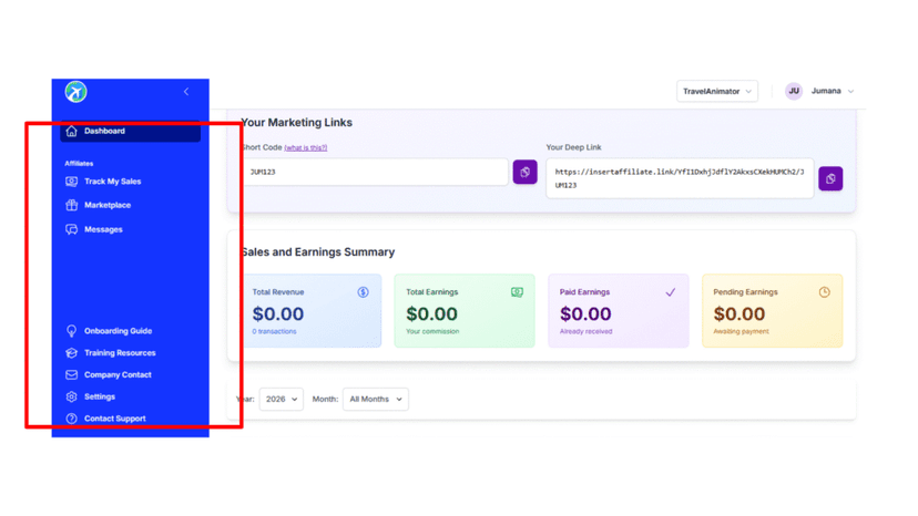 The Contact Support option in the affiliate dashboard sidebar