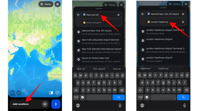 Entering the departure and arrival airports in the search bar