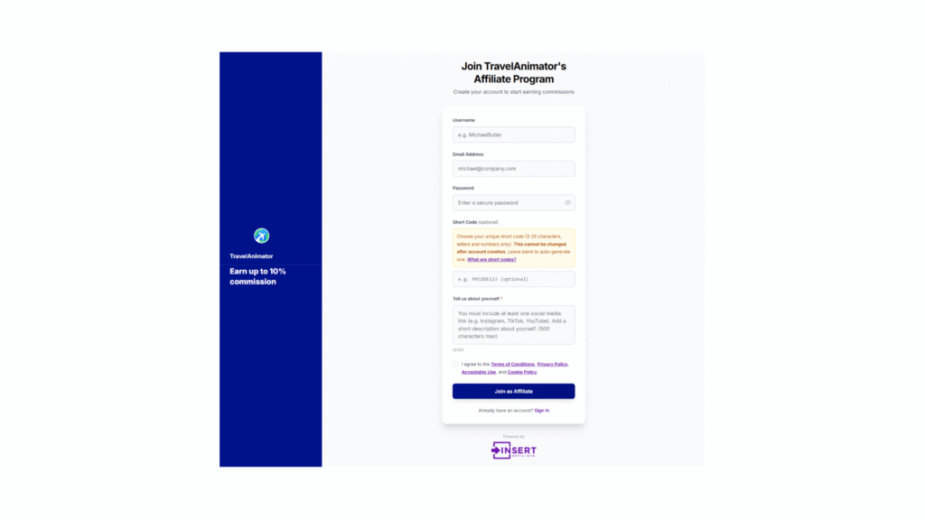 The affiliate registration form fields