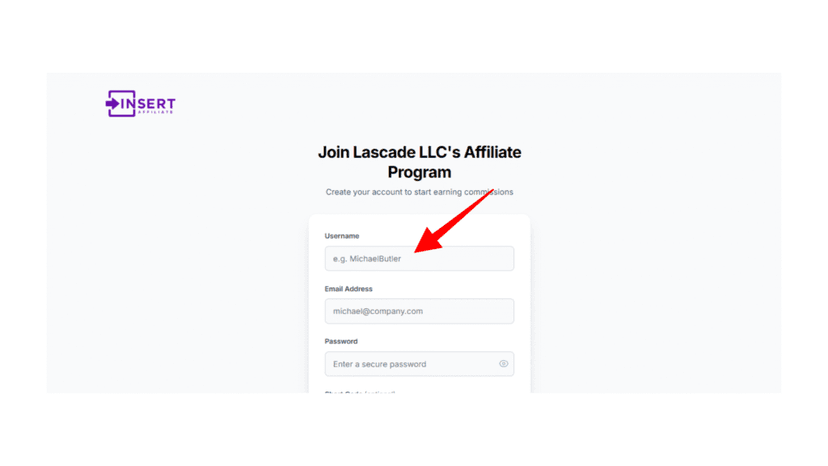 Entering a username for the affiliate account