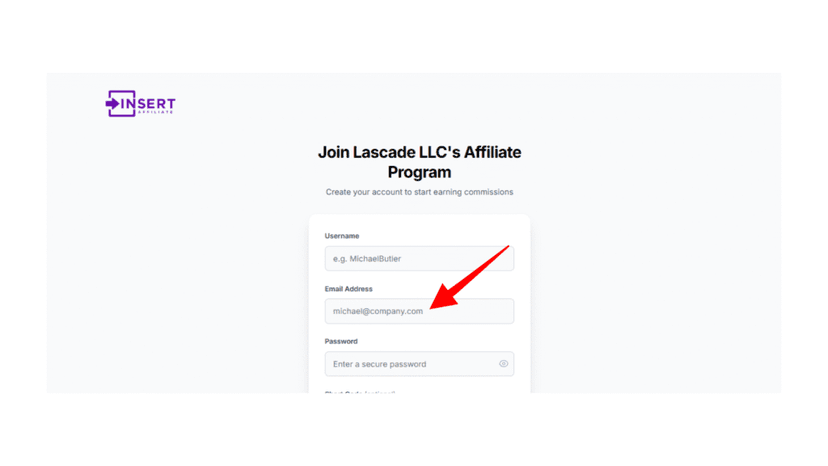 Entering an email address for affiliate communication
