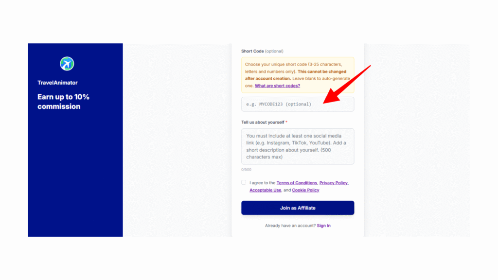Choosing an affiliate referral code such as TRAVEL123
