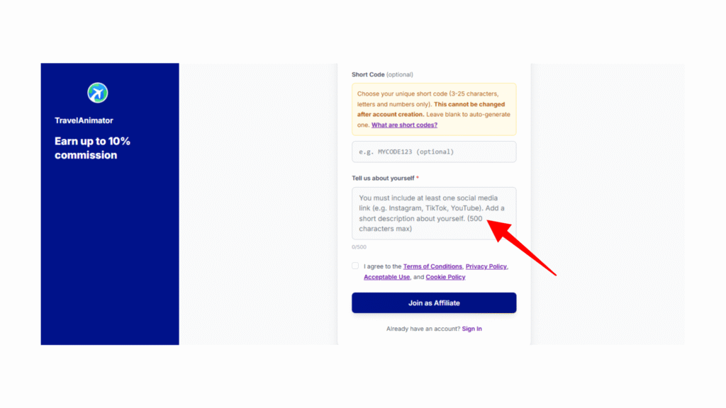 Adding a social media link and a short personal description