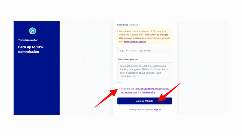 Accepting the terms and tapping Join as Affiliate