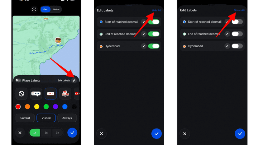 Toggling place labels on or off from the customisation panel