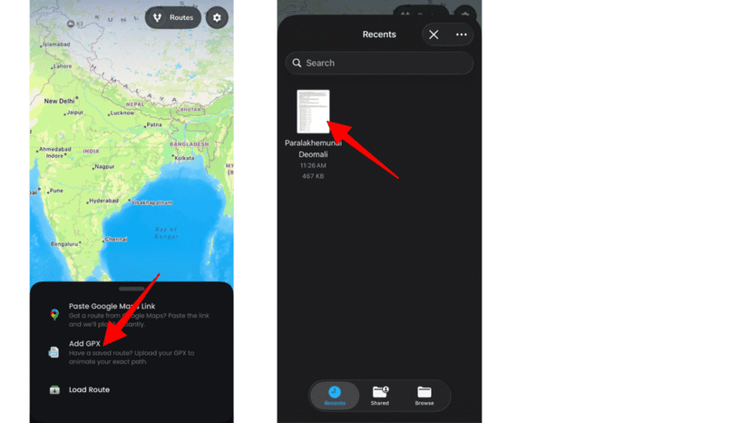 Tapping Add GPX and selecting a GPX file from the device