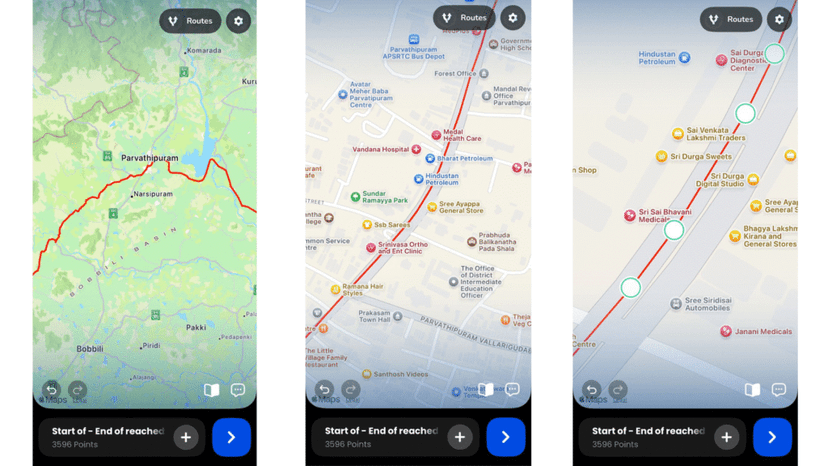 Zooming in to the maximum level to reveal individual route points