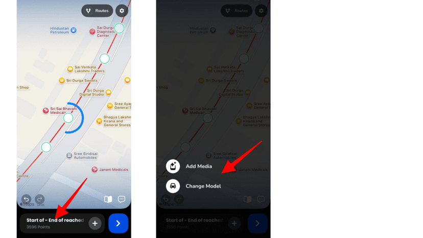 Long-pressing a route point to open the editing menu