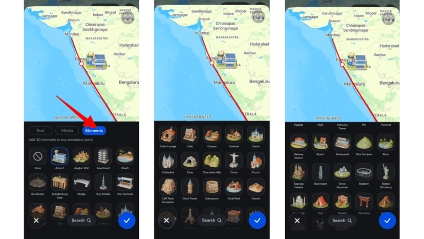 Browsing the available 3D elements in Travel Animator