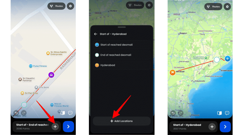 Adding another destination to a GPX route with the plus button