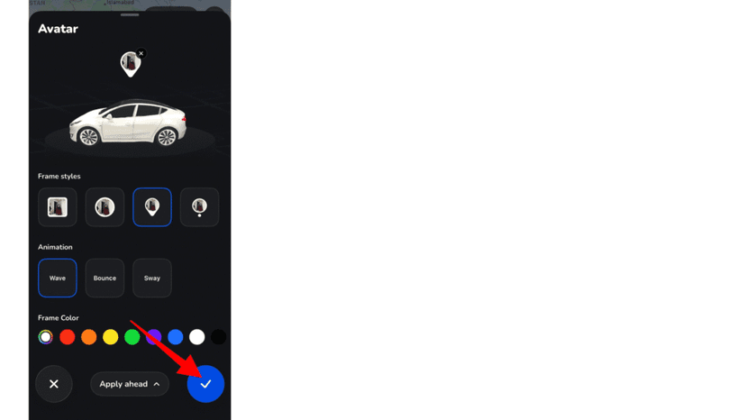 Saving the avatar settings with the blue confirm button
