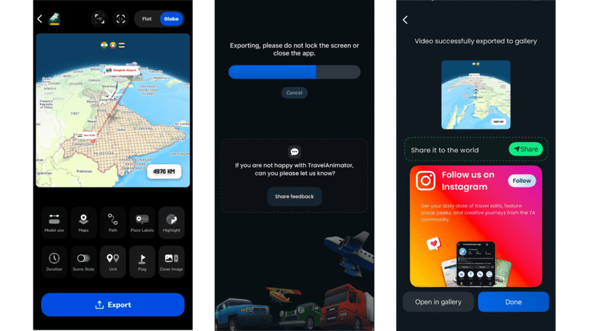 Exporting and sharing the animated travel plan