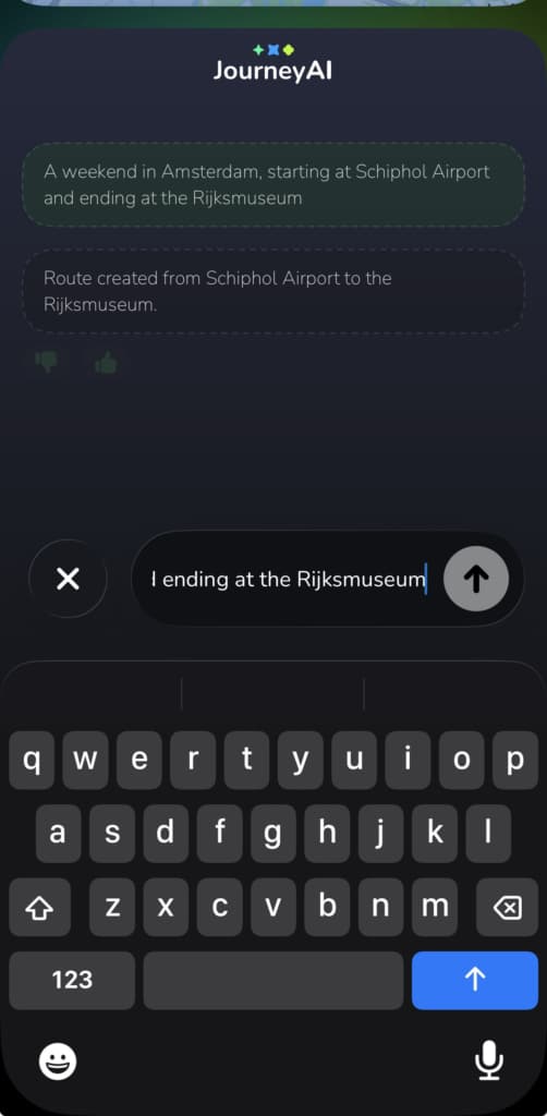 showing a trip described to Journey AI, the assistant's reply and the plotted route