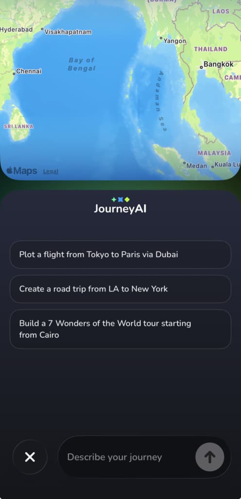 showing a trip described to Journey AI, the assistant's reply and the plotted route