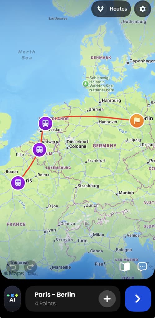 showing a trip described to Journey AI, the assistant's reply and the plotted route